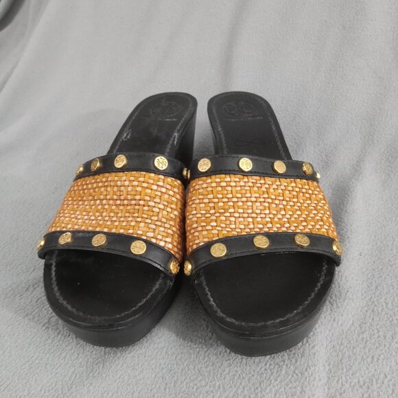 TORY BURCH Straw/Leather JOANIE Studded PLATFORM WEDGE SANDALS US 8.5 Logo s7155 - Picture 3 of 16